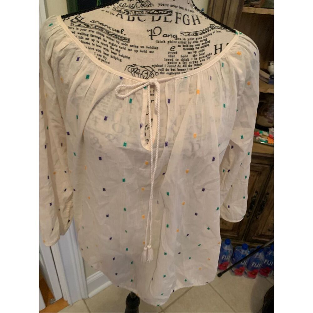 J. CREW Ivory Embroidered Dot Peasant Top XSMALL Tassel Ties